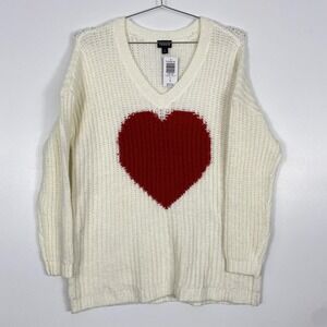 Torrid Sweater Womens 0 White Red Heart V Neck Slouchy Knit Pullover Long Sleeve